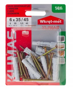 KOŁKI UNIWERSALNE Z 6x35 WKRĘT STOŻKOWYM 45 14szt